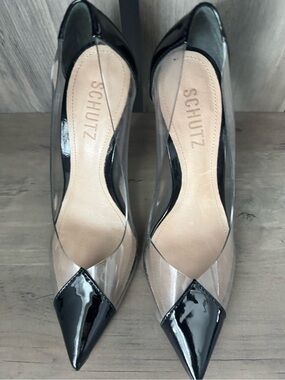 SCHUTZ Cendi Pump Black Patent Pointed-Toe Clear